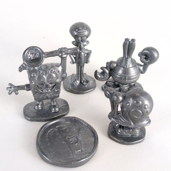 Vintage 2005 Spongebob Squarepants Monopoly Game Tokens Pewter Figurines & Coin - Picture 8 of 8